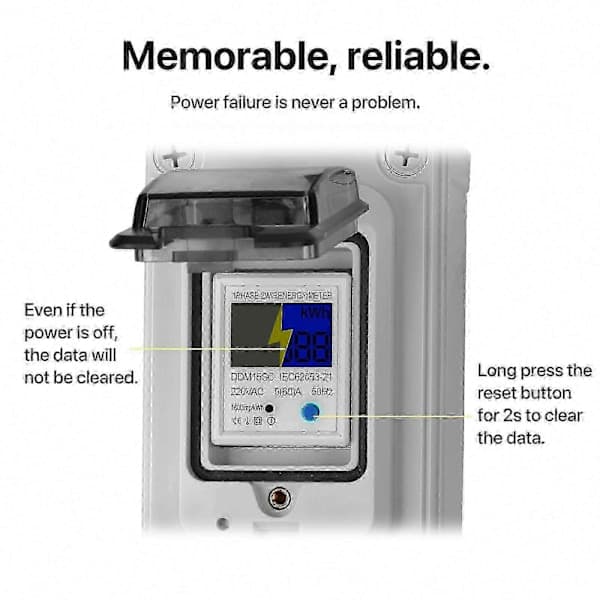 60A 230V Vanntett Digital Strømmåler, Mobil Kilowatt Strømmåler