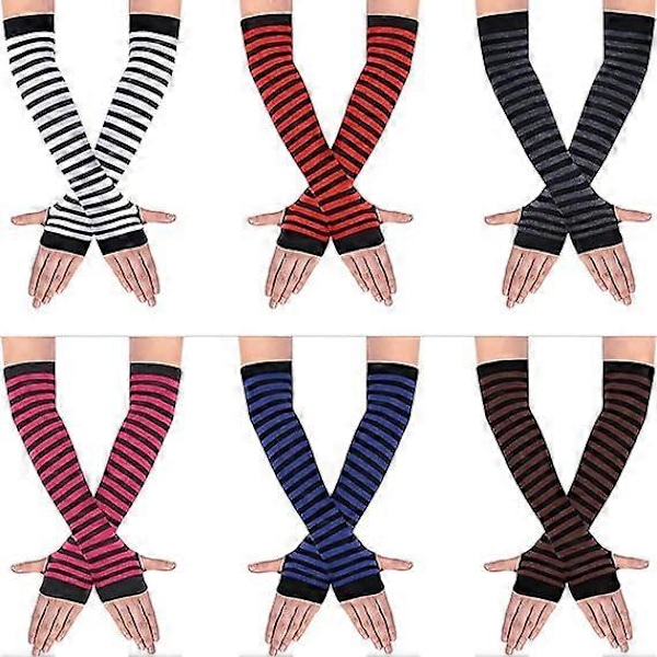6 Paria Raidallisia Käsivarsien Lämmittimiä Pitkiä Sormettomia Käsineitä Naisille, Neulotut Käsivarsien Lämmittimet Peukaloaukolla Joustavat Käsineet 6 Pairs - Style 2