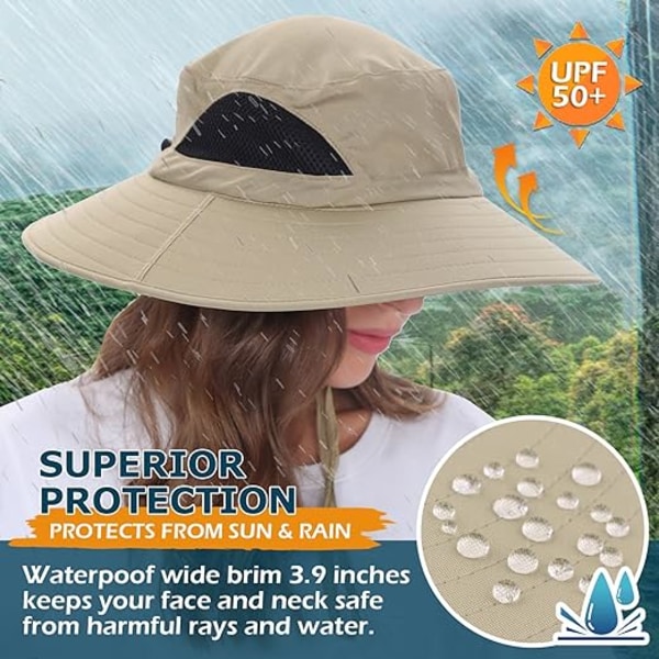 Bredbremmet Solhatt Sommer UV-beskyttelse Strandhatt Dusjsikker Safari Boonie Hat Foldbar Fiskehatt med Justerbar Hakestropp