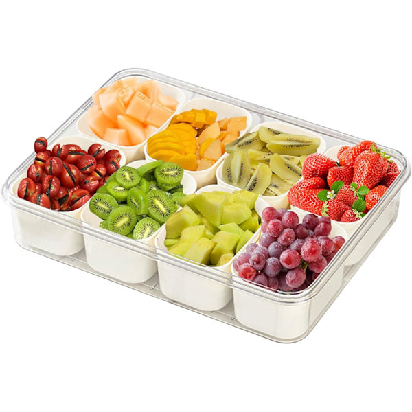 Snackbox, kakbox, uppdelad serveringsbricka, rese-snackbricka, används för att förvara godis, nötter, snacks, frukt, kex, desserter (8 fack)