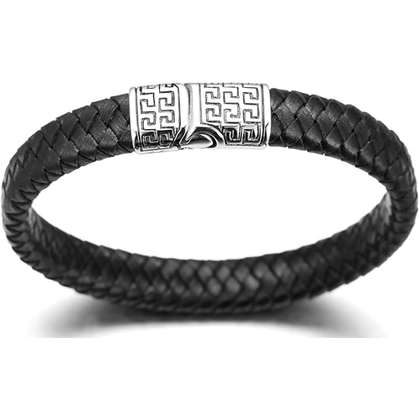 Mænds læderarmbånd, sort flettet titanium magnetlås 8,46" (21,5 cm)