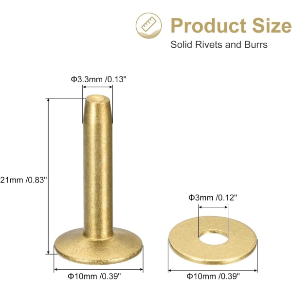 10 set mässingnitar och grader, 10x3,3x21 mm massivt läder Mässingnitfäste för lädertillbehör för gör-det-själv hantverk, guldton