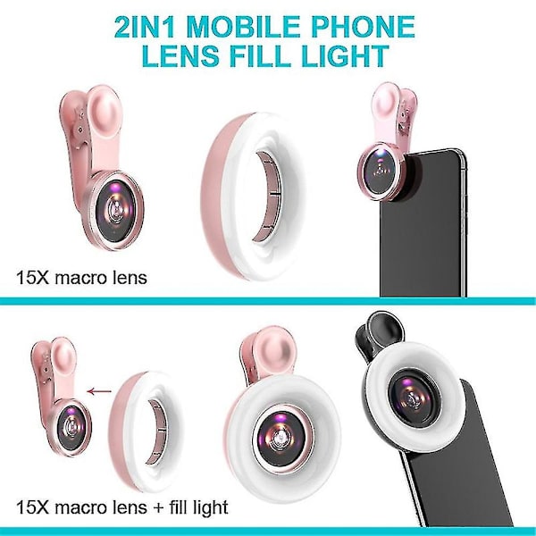 Universal mobiltelefon 15x makroobjektiv fyldlys selfie LED ring klip flash lys Pink