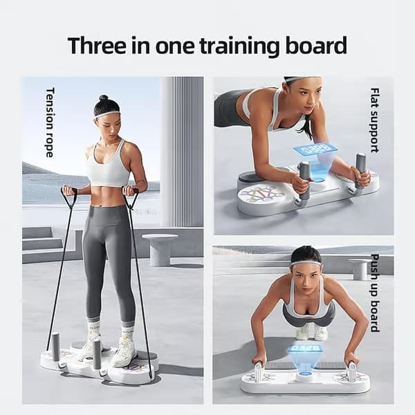 3-i-1 Push-up Board - Bærbart hjemmetræningssystem med mavehjul, modstandsbånd og digital timer til styrketræning