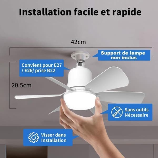 30W takvifte; E27 base; dimbar LED; 3 hastigheter; 6 blader; egnet for soverom og stue