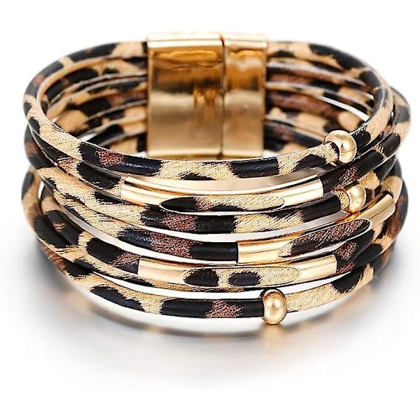 Fesciory Leather Wrap Bracelets For Women, Boho Leopard Multi-layer Crystal Beads Cuff Bracelet Jewelry