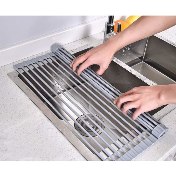 Opprullbar oppvasktørkestativ, oppvaskstativ over vasken, sammenleggbare oppvasktømmer for flere bruk, varmebestandig matte (M)