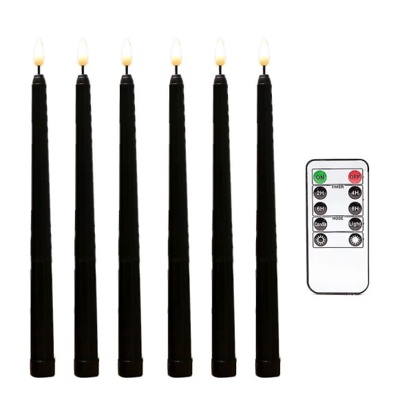 6 st Flamlösa svarta koniska ljus flimrande med 10-knapps fjärrtimer, batteridrivna LED-ljusstakar fönsterljus