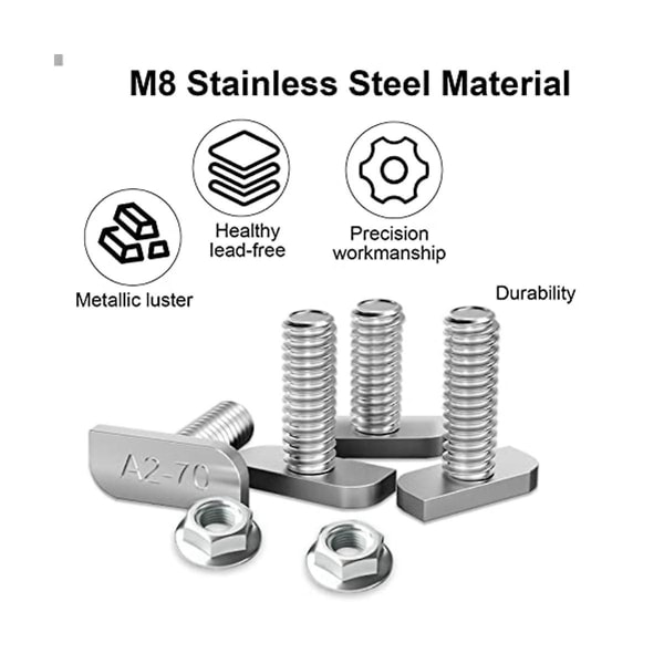 15 st T-spårbultsersättning, m8 X 20 skruvar, A2-70 skenskruvar spårmuttrar med 15 flänsmutter