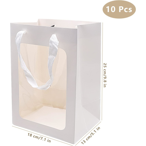 10 stk. Hvide Kraft Papir Gaveposer Med Håndtag, Transparent Vinduespose Gavepakke, Til Valentinsdag, Bryllupper, Fødselsdagsfester