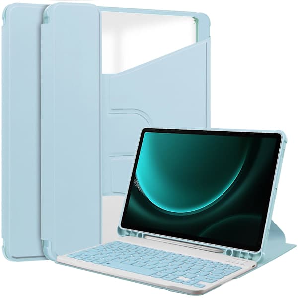 Etui til Samsung Galaxy Tab S9 FE Plus med Bluetooth-tastatur og roterende stativ, lyseblå Sky Blue