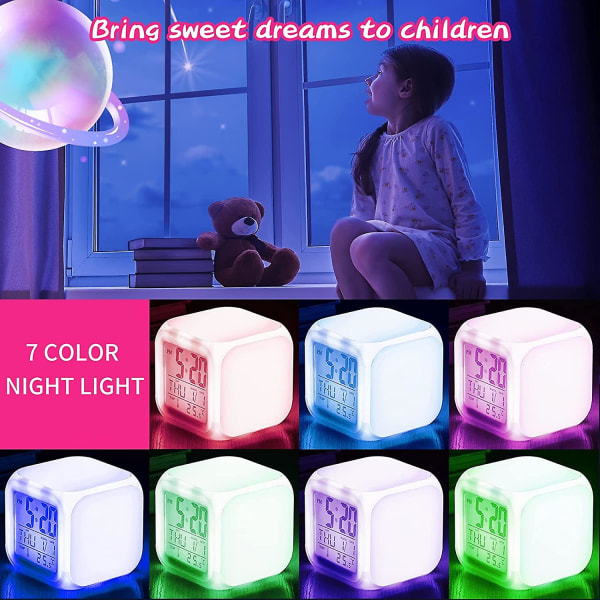Børnevækkeur, drengepige digitalt vækkeur med led syvfarvet natlys og vækkefunktion til skole, fødselsdagsgaver, jul