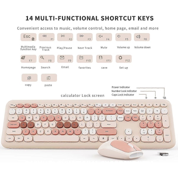 Trådløst tastatur og mus-kombinasjon med fargede tastehetter Black Pink