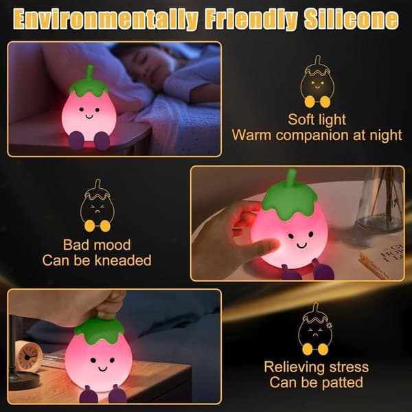 Aubergine nattlys for barn, Kawaii nattlys for barn med timerfunksjon, oppladbart silikon nattlys for barn