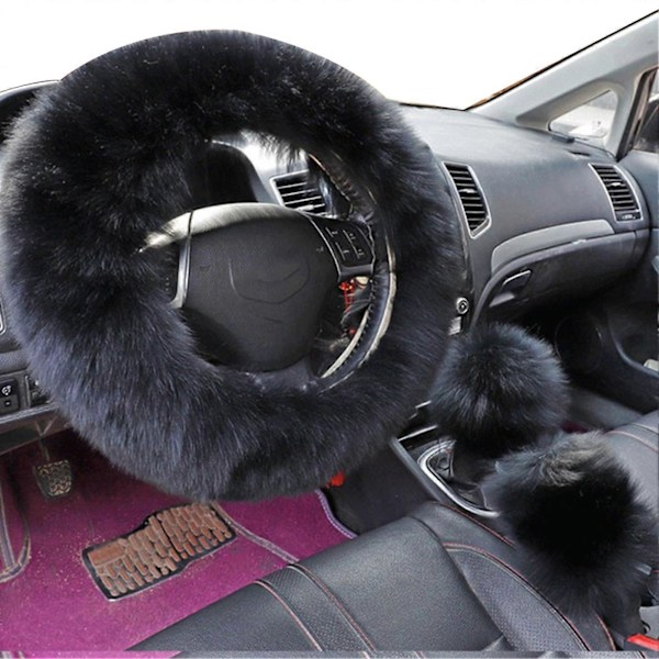 3 kpl/setti Faux Wool -ohjauspyörän, vaihteensiirtovivun ja käsijarrun pehmeä suojus Auton sisustukseen Black
