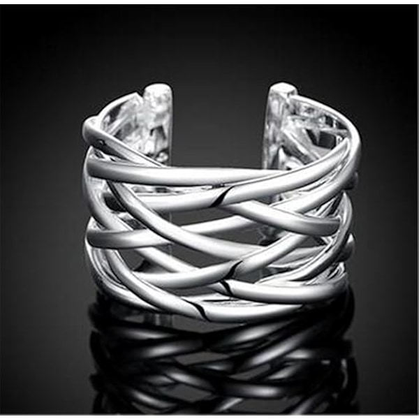 Dammode Smycken 925 Sterling Silver Geometri Justerbar Snidad Stickning Öppna Ringar För Kvinnor