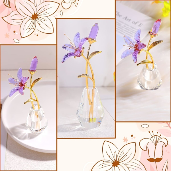 Kristallblomma Figur Lily Blomma Samlarobjekt Present till Kvinnor, Glas Lilja med Kristallvas Metallstam för Hem Bröllopsfest Dekor Purple