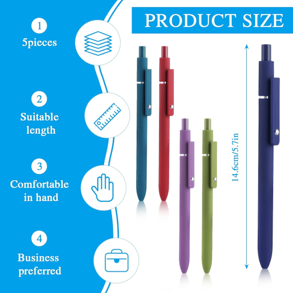 5 stk. æstetiske kuglepenne, 0,5 mm indtrækkelige gelblækpenne, søde kuglepenne med sort blæk, glatte skrivepenne, pastelfarvede kuglepenne til skolen Classic