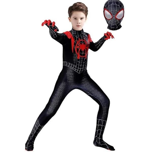Børn Miles Morales Dragt Spiderman Cosplay Jumpsuit Sort 140CM