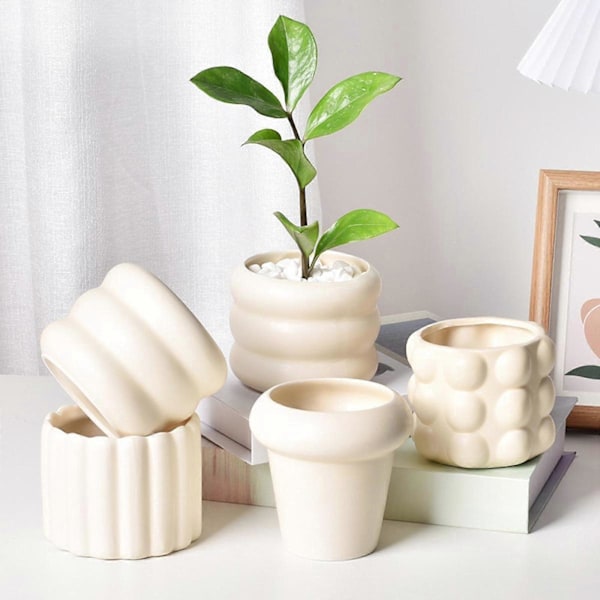 Keramisk Blomkruka Växtkruka med Dräneringshål Inomhusdekor 10x8cm Beige 10x8cm