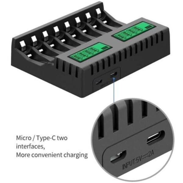 Smart LCD batterioplader med 8 pladser til AA/AAA NiCd/NiMH genopladelige batterier