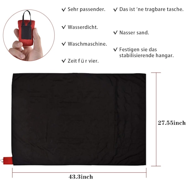 Mini Lomme Piknik Teppe (70*110cm) Lett Vanntett Holdbar Foldbar Strand Teppe med Bæreveske Egnet for Fotturer, Gåturer