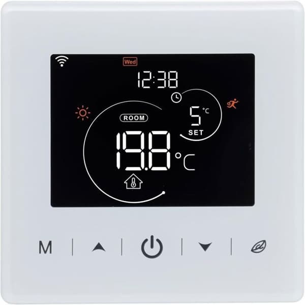 WiFi-termostat til batteridrevne gaskedler, programmerbar 2-leder, Alexa/Google Home-kompatibel, stemmestyring, 3A, hvid vægmontering
