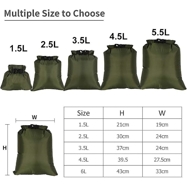 Vedenpitävä laukkusarja, 5 kpl kannettavaa suuren kapasiteetin yhdistelmäpussia (1,5 l + 2,5 l + 3,5 l + 4,5 l + 6 l) Ultralight kuivat säkit Ulkoiluvälineiden säilytyspussi retkeilyyn veneilyyn kajakkiin