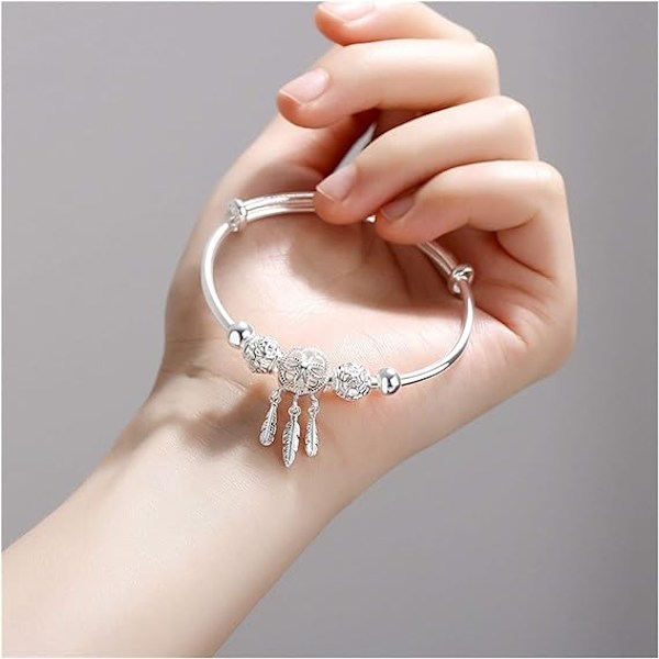 Damearmbånd Justerbart Sterling Sølv Drømmefanger Duskkule Charm Armbånd Armring Til Kvinner Elegant Smykker(Sølv)