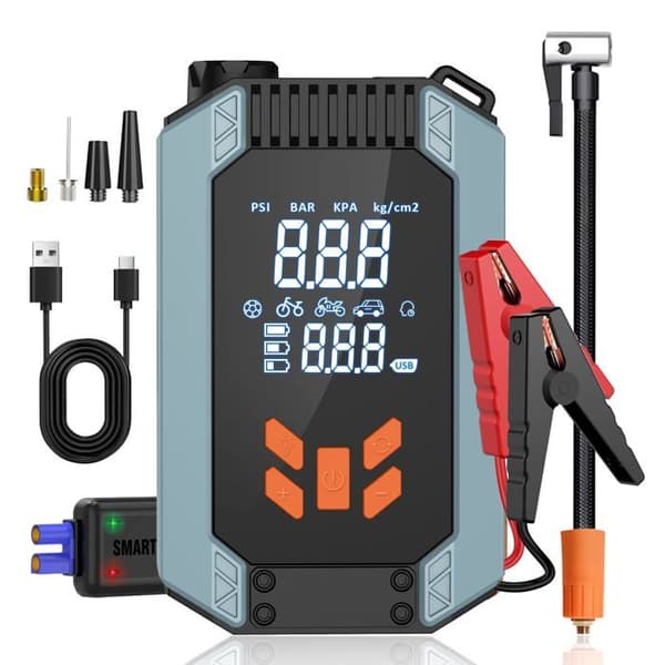 Kraftfull 12V 1200A Bilbatteri Booster Startare, med 150 PSI Luftkompressor och Säkerhetsklämmor