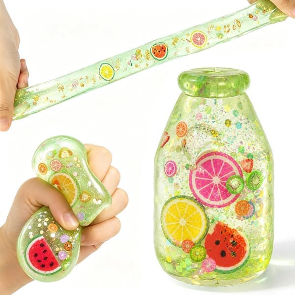 Flaska Squishy Leksak, Långsamt Stigande Stressbollar | Fylld med Fruktskivor och Glitter, Nyhet Sensoriska Leksaker, Ångestlindring, Kontor Klassrum Green
