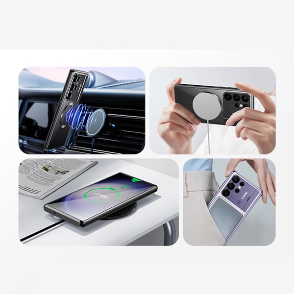 Fodral för Samsung Galaxy S24 Ultra med Osynligt Stativ för Kamera, Kompatibelt med MagSafe, 360 Graders Skydd Magnetisk Metall Bumper Bakre PC-Skydd silver