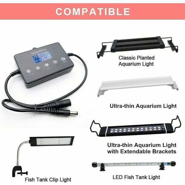 Akvarium LED lysdæmper, 12-24V kompatibel, lysstyrke/tidsstyring, solopgangseffekt, timerfunktion.