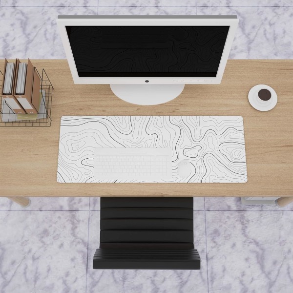 Stor spillmusematte med sydde kanter, minimalistisk topografisk kartbordmatte, utvidet XL musematte med anti-skli base, 31,5 x 11,8 tommer, hvit