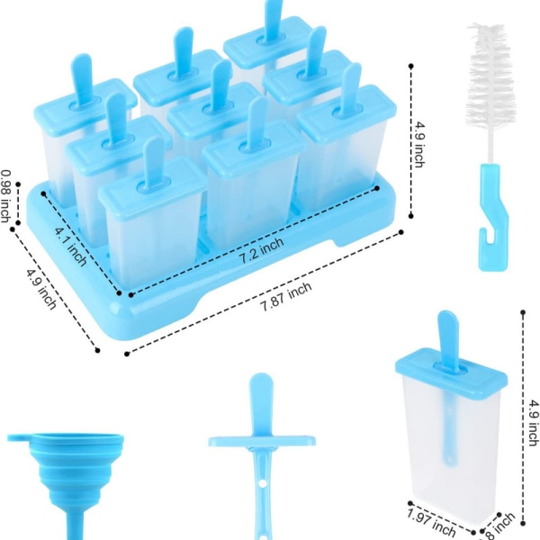 Popsicleform med pinnar, 9 håls popsicleform, livsmedelskvalitet BPA-fri, DIY kreativ popsicleform med rengöringsborste, tratt (slumpmässiga färger)