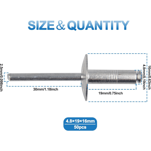 50 stk aluminium blindnagler med stor flens 4,8 mm x 20 mm, pakke med 50 (sølv)