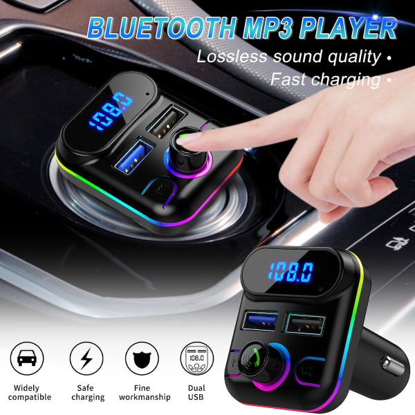 Bil Bluetooth 5.0 trådløs håndfri bil FM-sender mottaker radio mp3 adapter spiller 2 usb ladesett