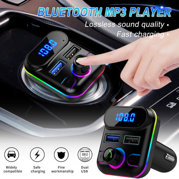 Bil Bluetooth 5.0 Trådløs Handsfree Bil FM Sender Mottaker Radio MP3 Adapter Spiller 2 USB Lader Kit