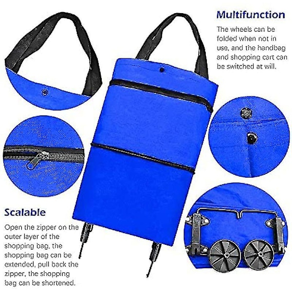 Foldbar Indkøbstrolley, Sammenklappelig To-trins Lynlås Foldbar Indkøbspose Med Hjul Foldbar Indkøbstrolley Kompatibel Med Frugt, Grøntsager Blue