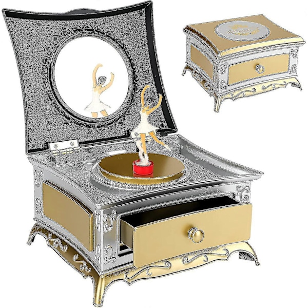 Classical Music Box - Golden, Jewelry Storage Music Box, Rotating Ballerina Music Case with Drawer Makeup Mirror Graceful Ballet Girl for Birthday