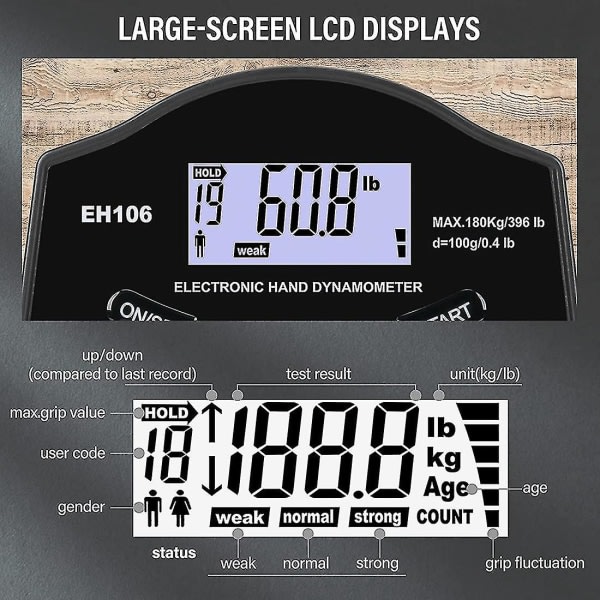 Kädensijan vahvuusmittari, 396 lbs/180 kg digitaalinen käsidynamometri kahvan vahvuusmittari USB LCD-skärm käsikahvadynamometri [DB]