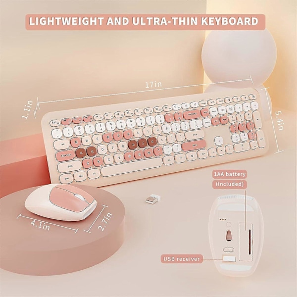 Trådløst tastatur og mus-kombinasjon med fargede tastehetter Black Pink