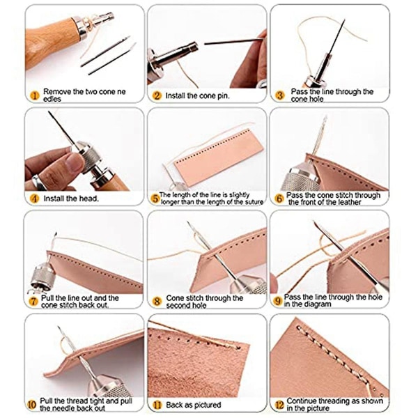 Læder sy awl kit håndværk værktøjer hånd symaskine lås stitcher tråd nåle sæt diy skomager lærred reparation værktøj
