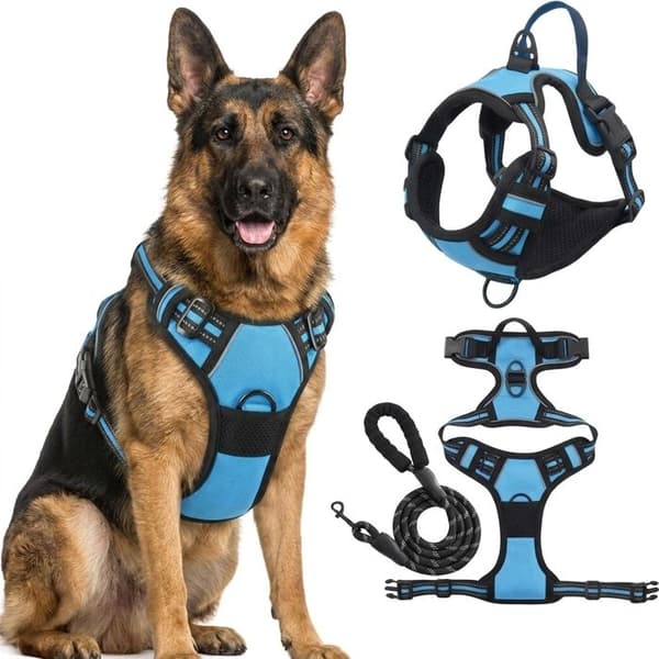 Blå \"No-Pull\" Reflekterende Hundesele – Justerbar Vest (Størrelse XL) – Frontfæste – Snor inkluderet (1,5m)