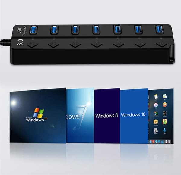 USB 3.0 hub 5 Gbps 7-porter med individuelle av/på-knapper
