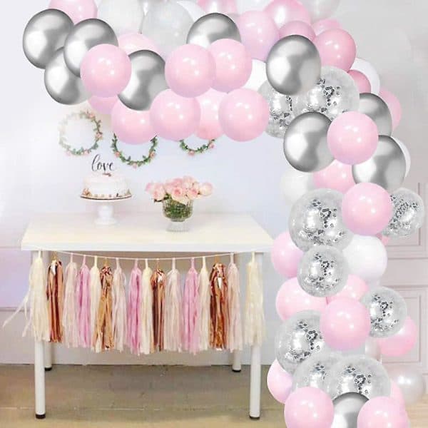 60 st ballongbåge rosa vit silver latex transparent