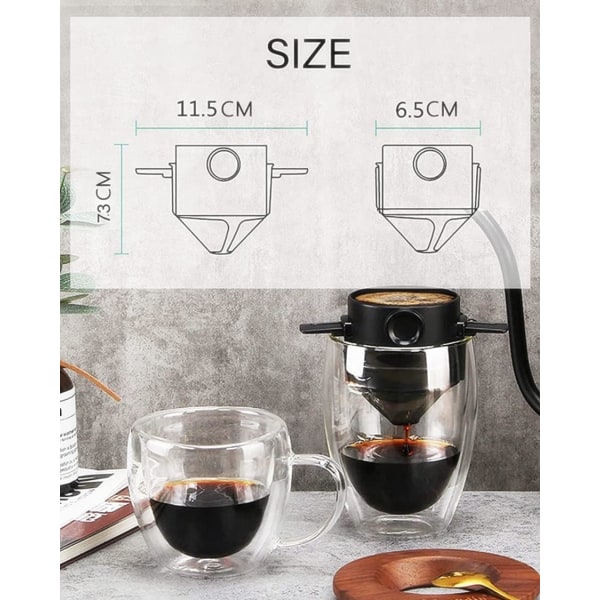 Bärbar Pour Over Kaffeebereiter 1-2 Koppar, Rostfritt Stål Bärbar Kaffeefilter, Återanvändbar Mugg Kaffe Dripper Filter för Hemma Kontor Resor