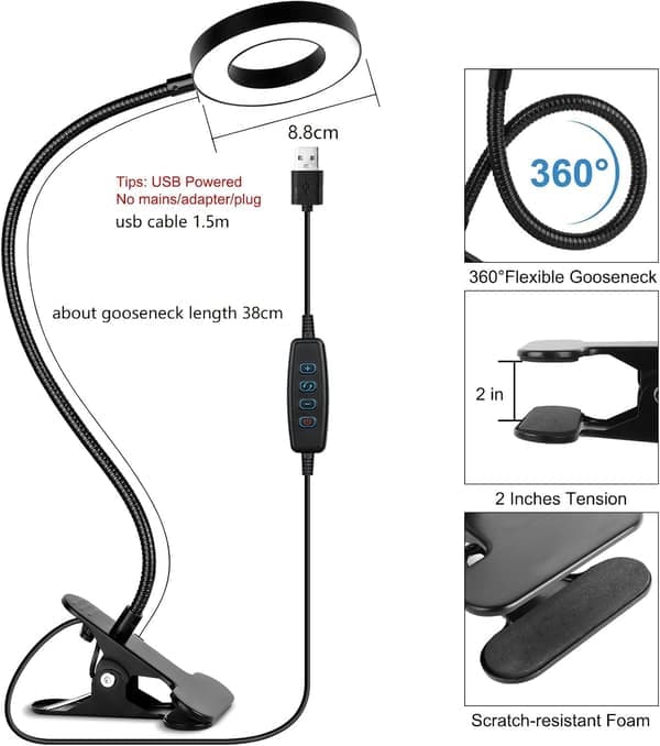 Bordlampe Clip Light, 10 dæmpbare lysstyrker 3 lystilstande læselampe, Clip sengelampe til maling, håndarbejde, studie, videokonferencer