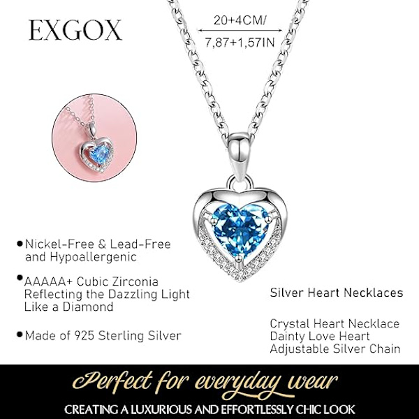 Silver Heart Halsband, 925 Sterling Silver Halsband för Kvinnor Kristall Hjärta Halsband Fin Kärlek Hjärta Halsband Silver Kedja Halsband Kvinnor Present Blue-Crystal Heart