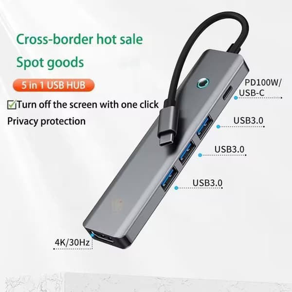 USB-C Hub (5-i-1): 4K HDMI + 100W PD + 3x USB-C 3.0 (5Gbps) – Grå